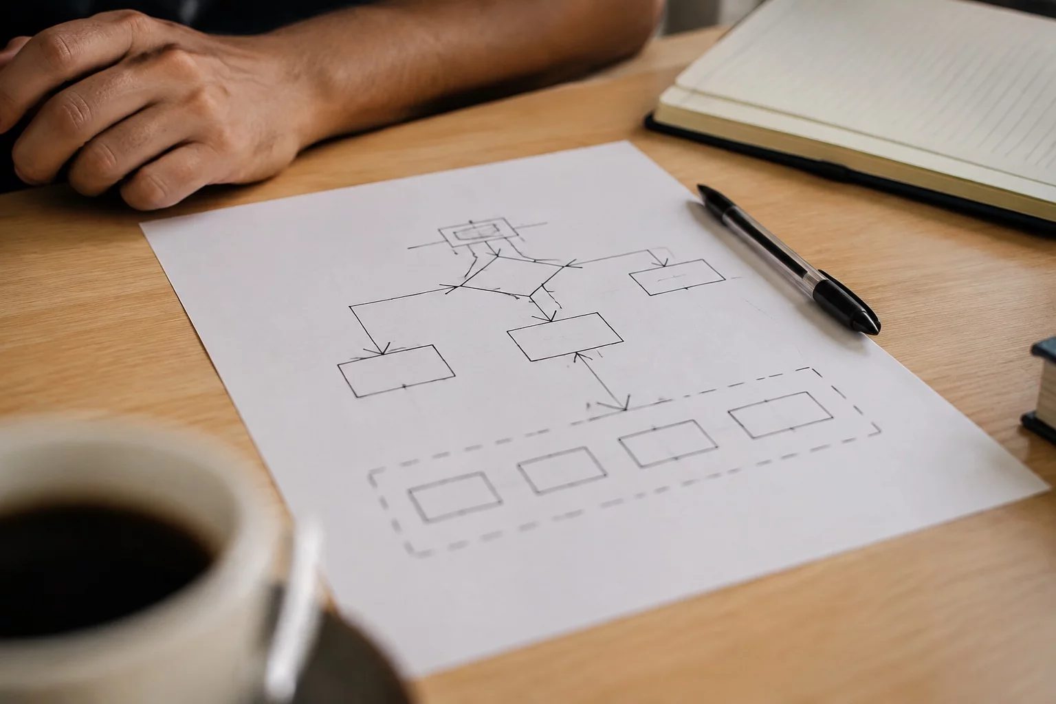 Vista de cima de uma mesa com um diagrama de lógica desenhado à mão