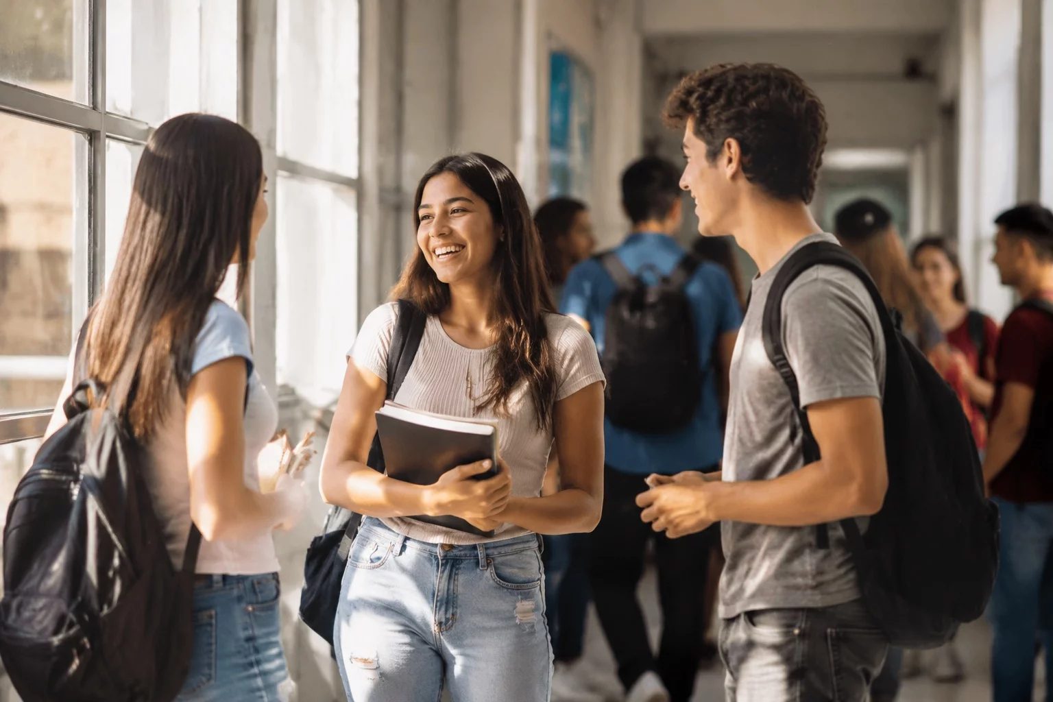 Estudantes com mochilas conversando no corredor de uma universidade