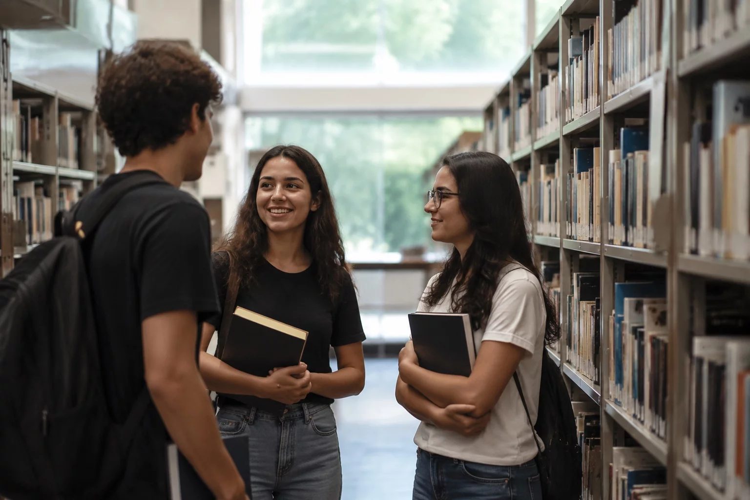 Estudantes conversando em pé entre as estantes de uma biblioteca