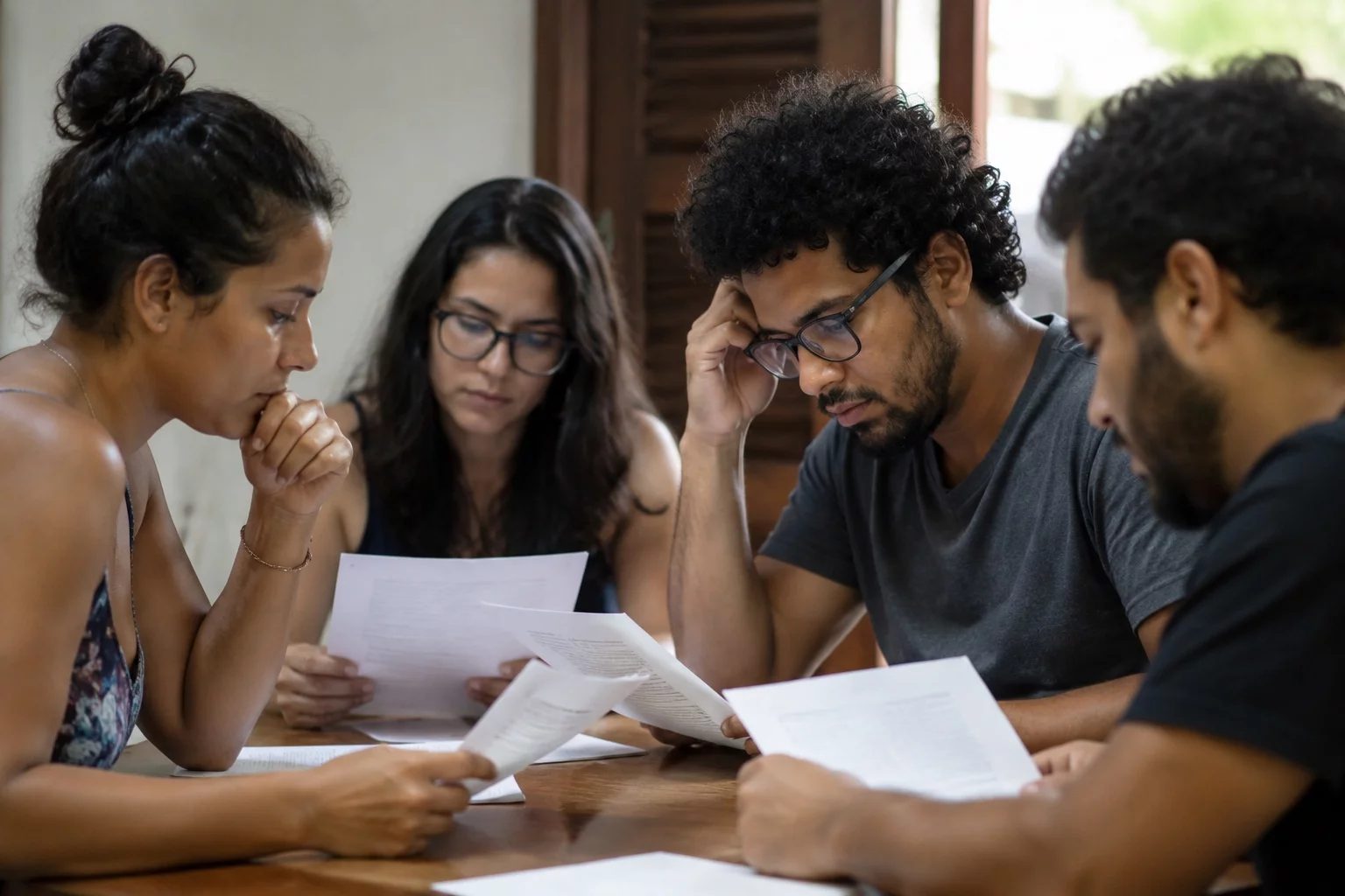 Grupo pequeno lendo páginas impressas de argumentos ao redor de uma mesa