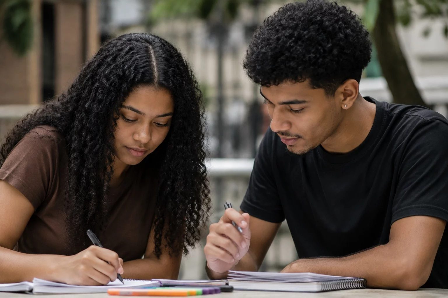 Dois estudantes preparando um debate com cadernos e marcadores