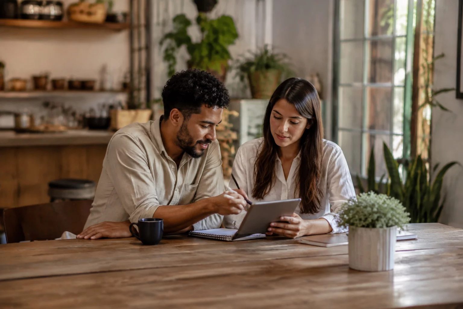Duas pessoas revisando anotações em um tablet sobre uma mesa de madeira
