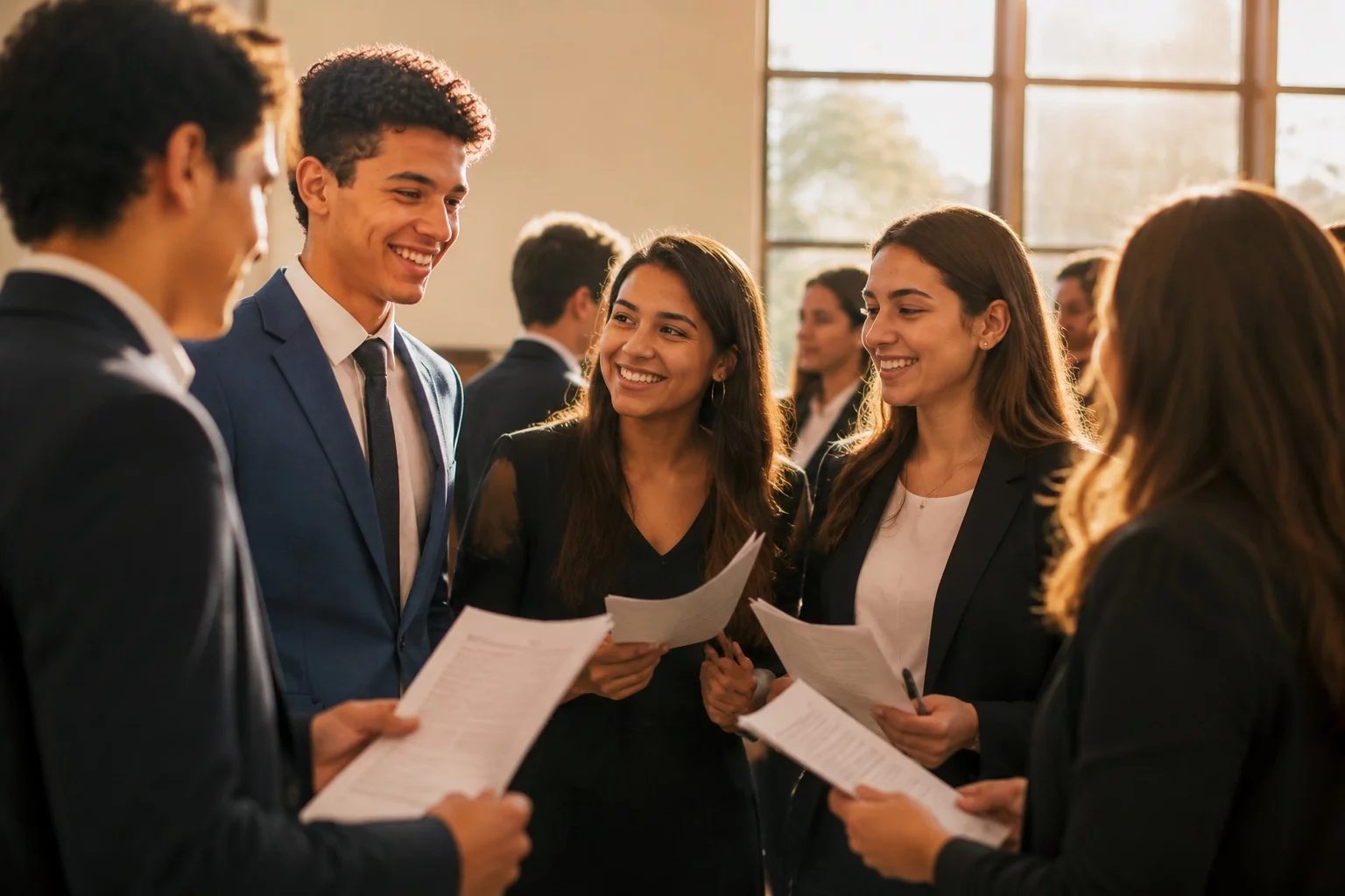 Grupo sorrindo após uma rodada de debate, com papéis nas mãos